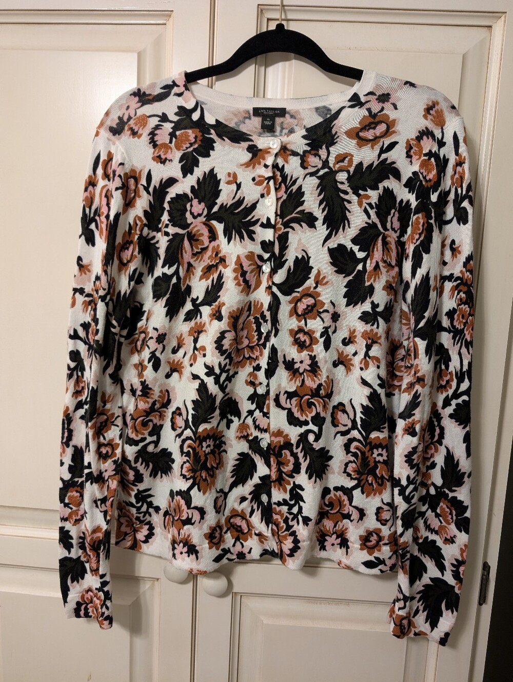 Talbots Cream Floral Button-Front Cardigan with Pink & Black Accents